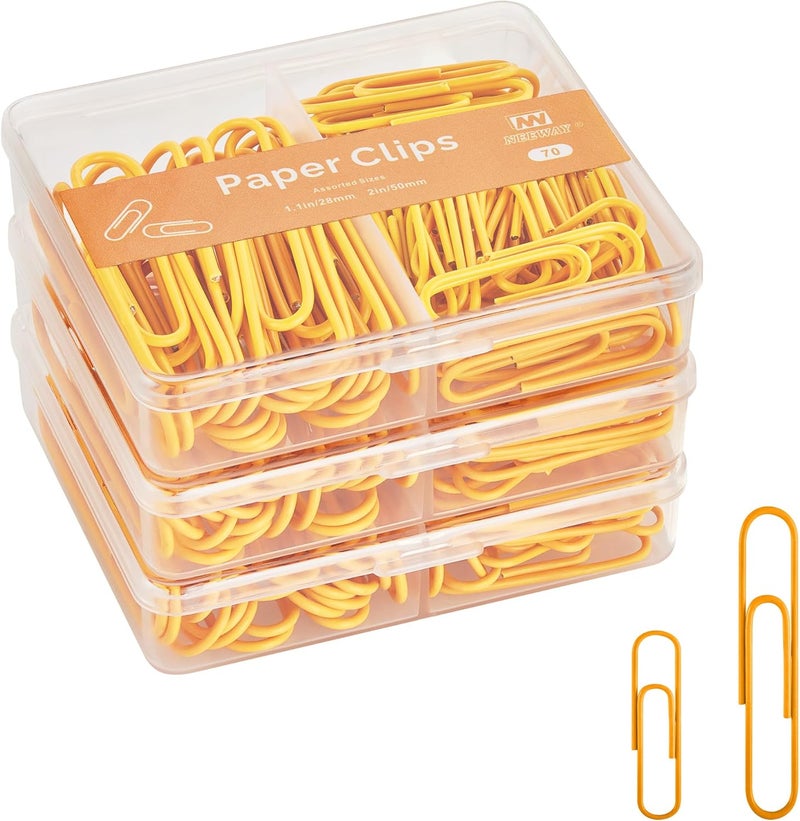 NEEWAY Colorful Paper Clips Assorted Sizes, Small and Large Paper Clips, 210 Count, 3 Pack of 70 (Orange) - Image 1